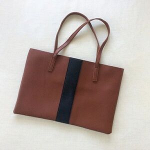 Brown Leather Tote Bag with Black Stripe